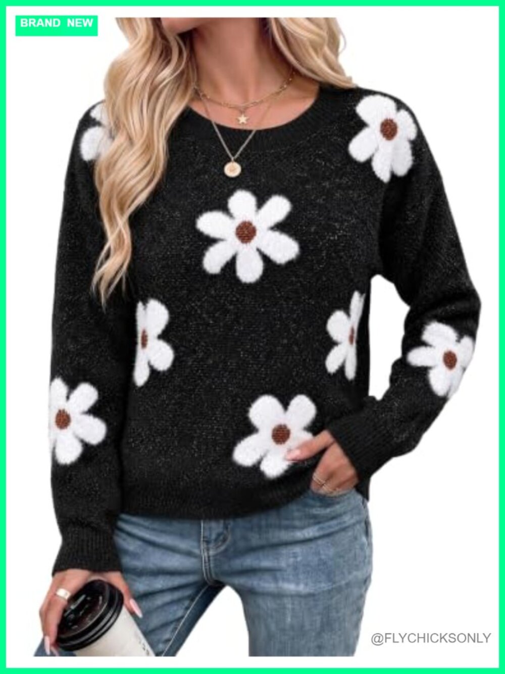 Womens Floral Pullover Sweater Crew Neck Long Sleeve Knit Top